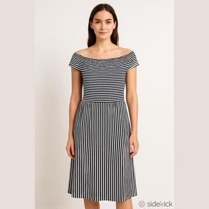 3/$10 Loveappella Striped Off-Shoulder Navy Blue White Stripes Midi Dress